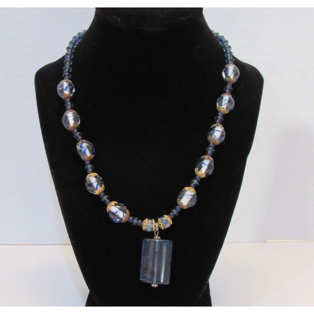 Blue Swirl Glass Bead Sodalite Pendant Statement Necklace Gold‎ Filigree Toggle